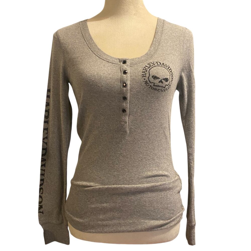 Women's Harley Davidson Skull Snap Front Double Printed Long Sleeve Shirt